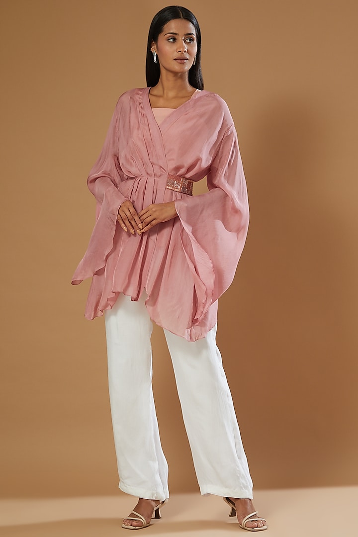 Pink Chiffon Open Jacket by Label Muskan Agarwal