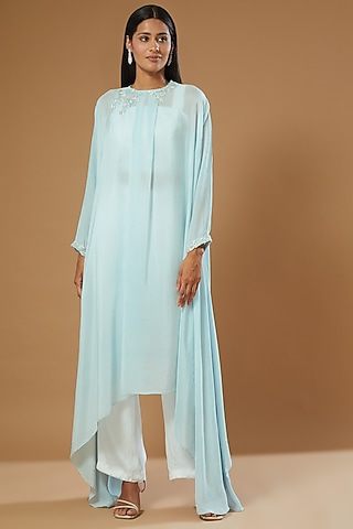 Sky Blue Embroidered Draped Kaftan Set by Label Muskan Agarwal