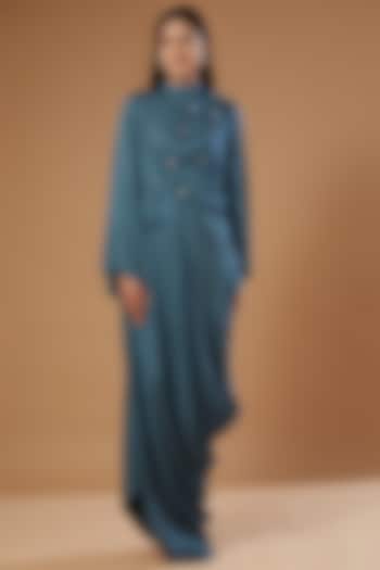 Teal Cotton Satin Kaftan Gown by Label Muskan Agarwal