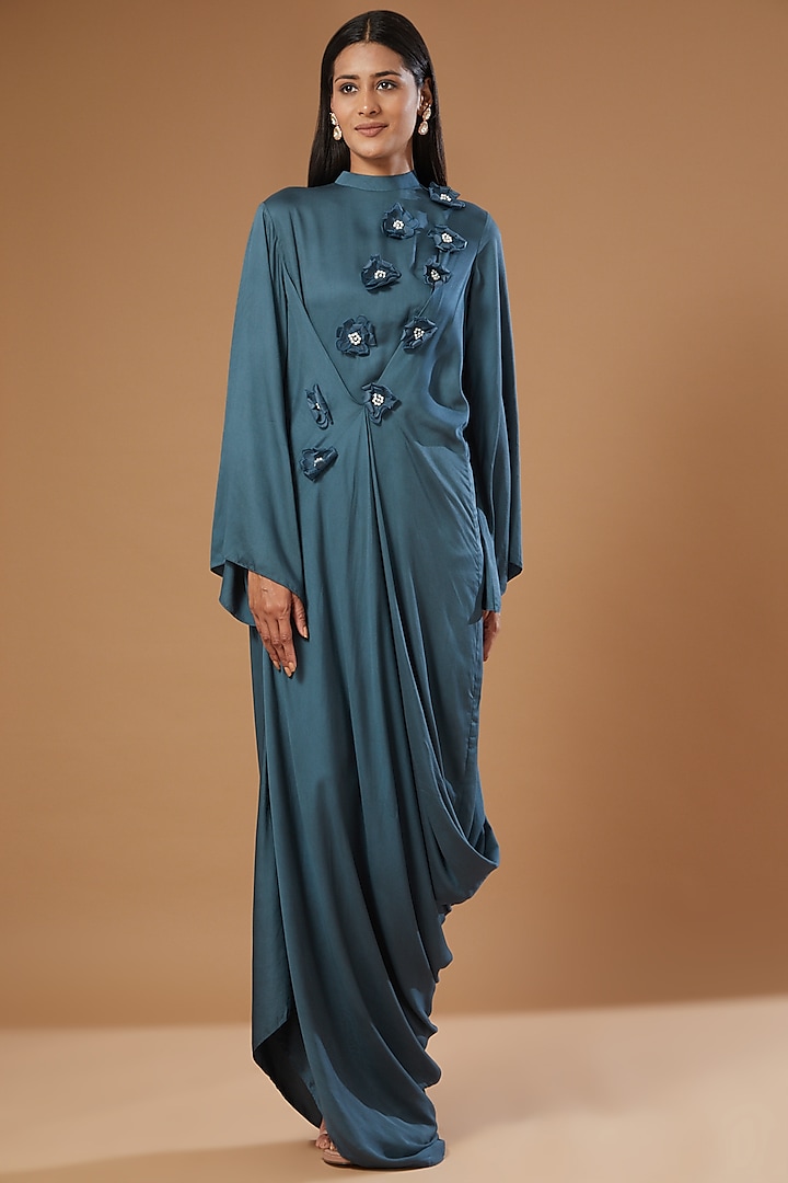 Teal Cotton Satin Kaftan Gown by Label Muskan Agarwal