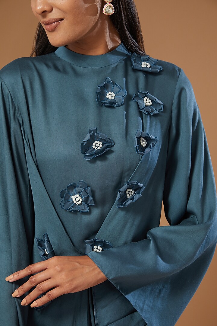 Teal Cotton Satin Kaftan Party Wear Gown by Label Muskan Agarwal at Pernia's Pop Up Shop