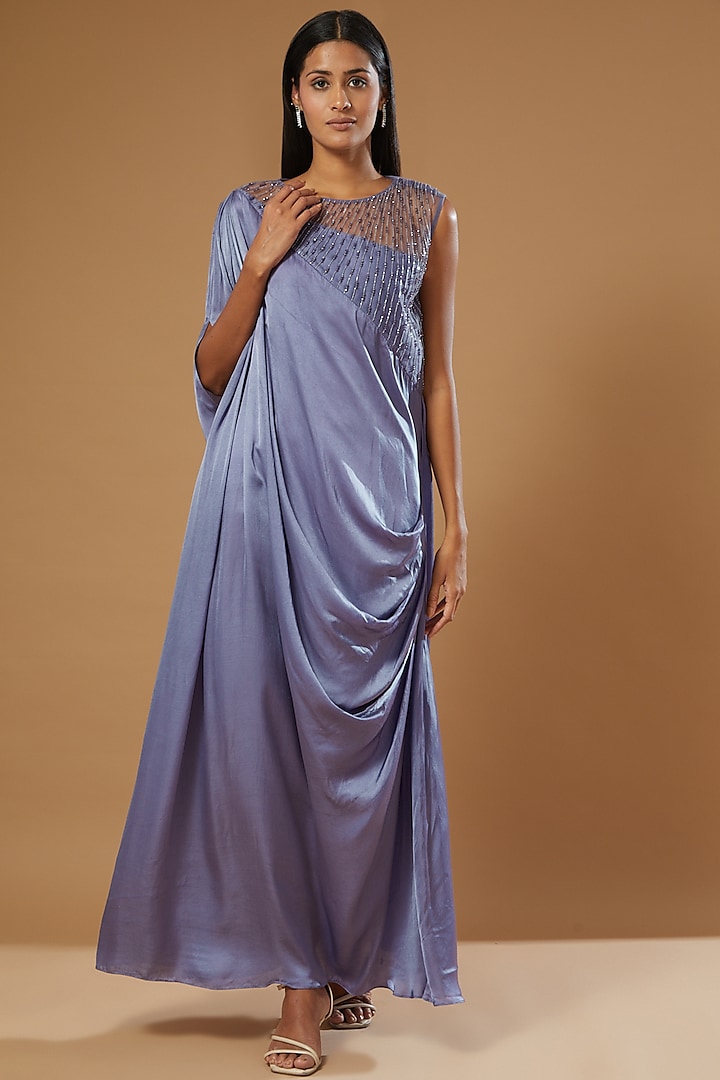 Purple Crepe Draped Gown by Label Muskan Agarwal at Pernia's Pop Up Shop