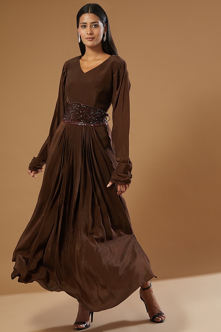 Dark Brown Crepe Pleated Gown by Label Muskan Agarwal