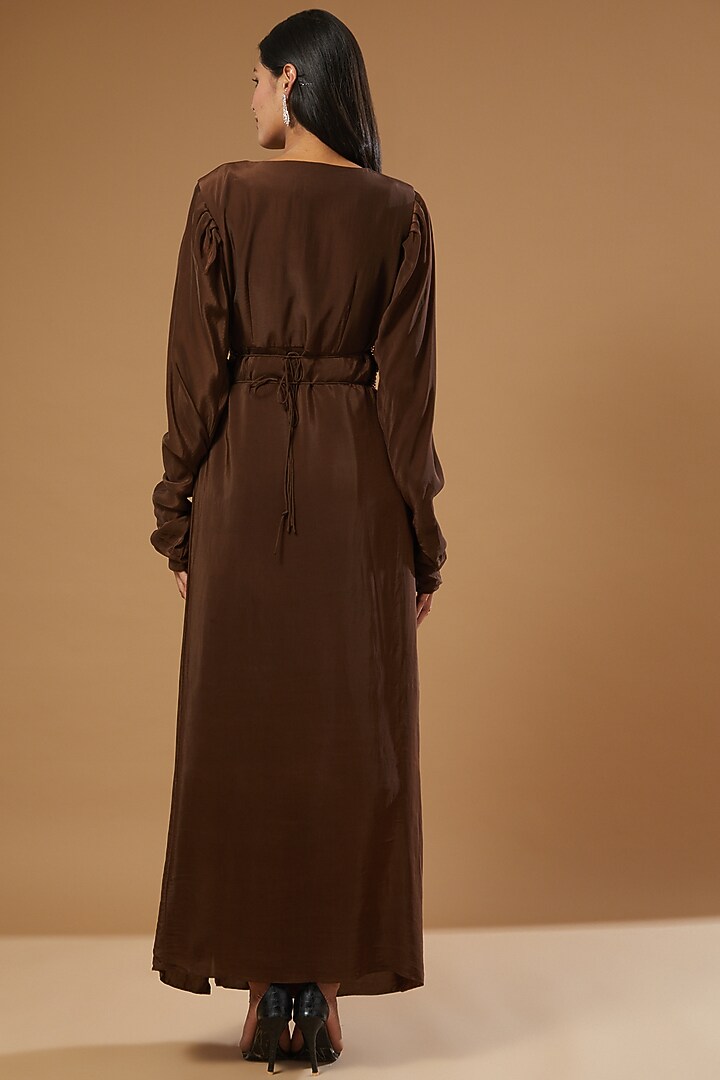 Dark Brown Crepe Pleated Engagement Gown by Label Muskan Agarwal at Pernia's Pop Up Shop