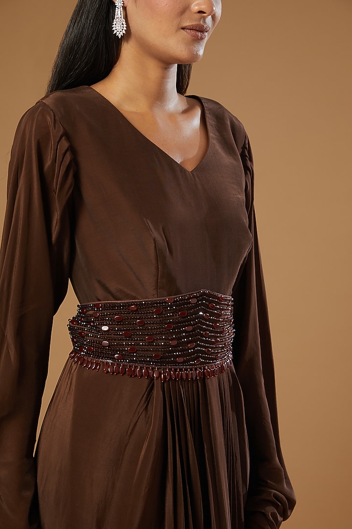 Dark Brown Crepe Pleated Engagement Gown by Label Muskan Agarwal at Pernia's Pop Up Shop