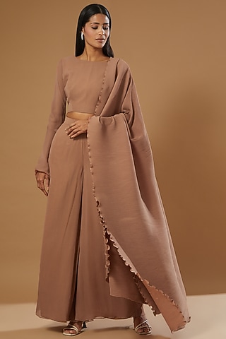 Nudish-Brown Georgette Palazzo Pant Set by Label Muskan Agarwal