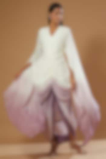 White & Purple Crepe Draped Gown by Label Muskan Agarwal