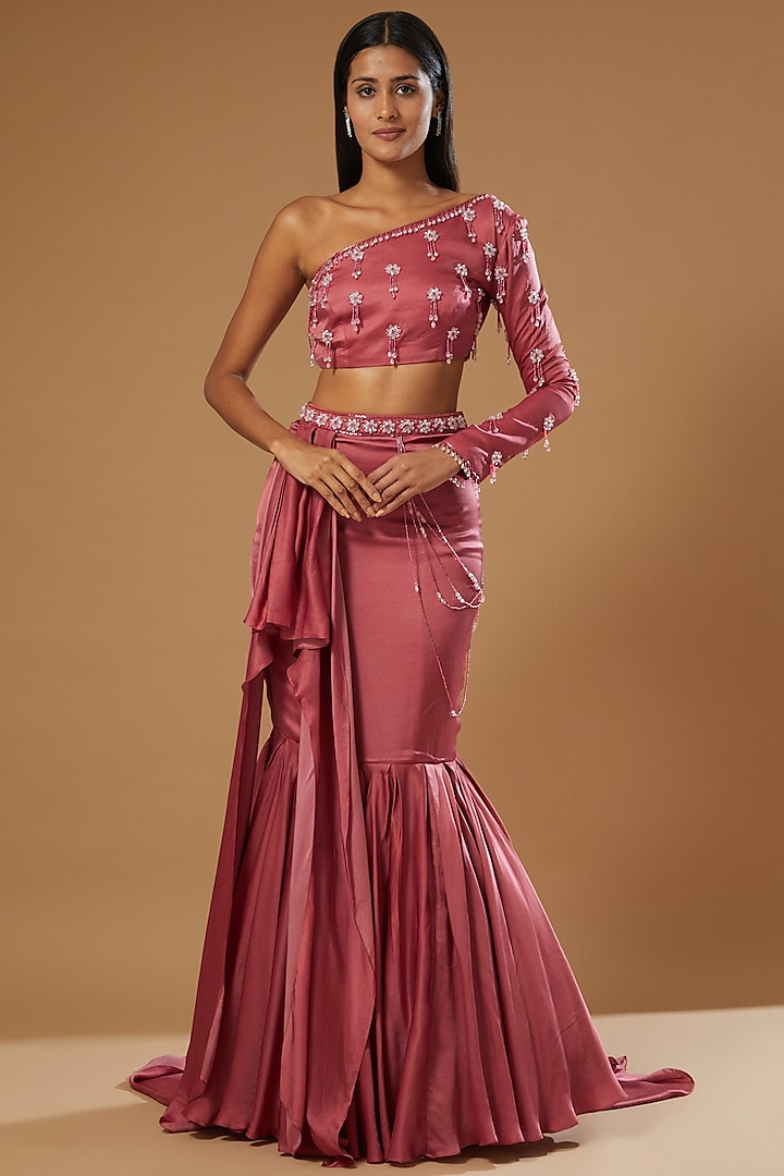 Pink Crepe Draped Wedding Lehenga Set by Label Muskan Agarwal at Pernia's Pop Up Shop