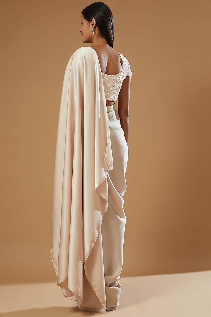 Rose Gold Crepe Draped Wedding Saree Set by Label Muskan Agarwal at Pernia's Pop Up Shop