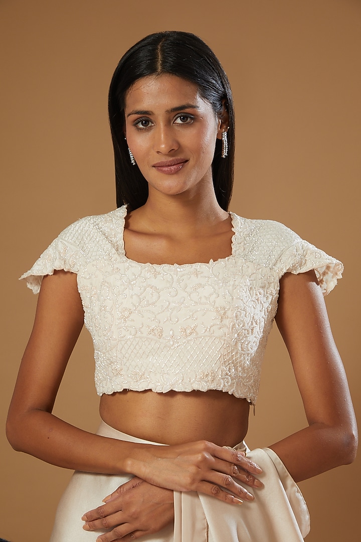 Rose Gold Crepe Draped Wedding Saree Set by Label Muskan Agarwal at Pernia's Pop Up Shop