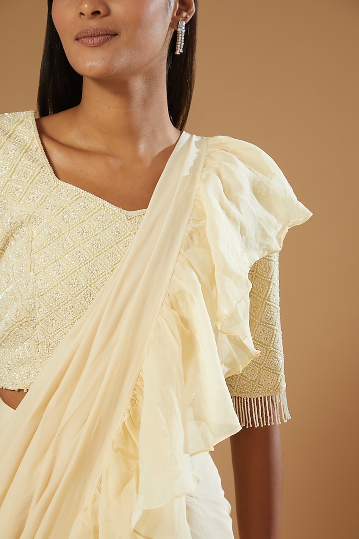 Pale Yellow Draped Wedding Saree Set by Label Muskan Agarwal at Pernia's Pop Up Shop