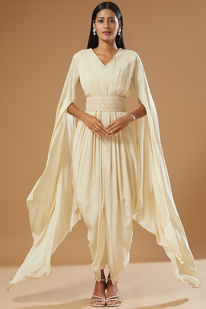Cream Pleated Crepe Gown by Label Muskan Agarwal