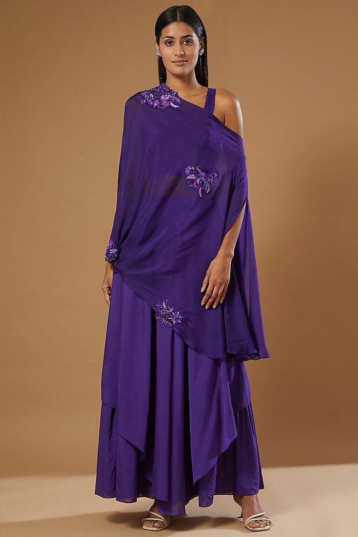 Purple Embroidered Cape Set by Label Muskan Agarwal