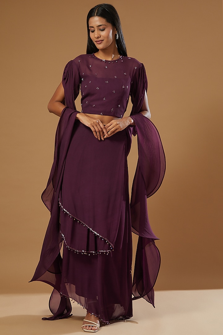 Wine Georgette Layered Wedding Lehenga Set by Label Muskan Agarwal at Pernia's Pop Up Shop