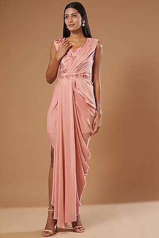 Pink Embroidered Draped Gown by Label Muskan Agarwal