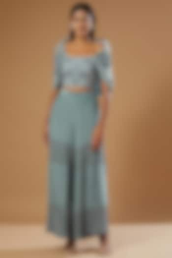 Blue Embroidered Palazzo Pant Set by Label Muskan Agarwal at Pernia's Pop Up Shop