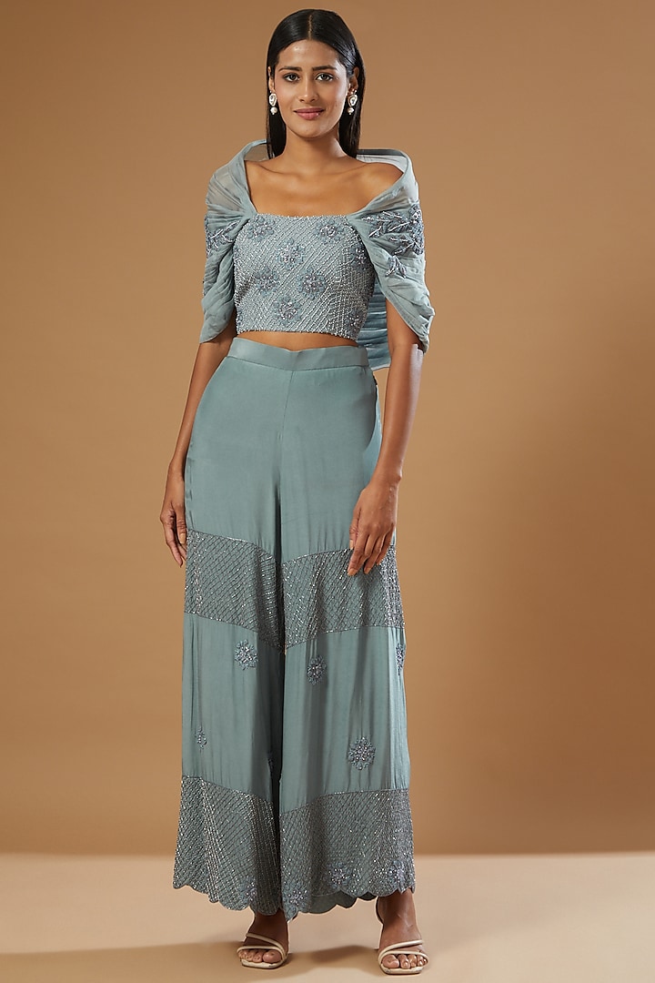 Blue Embroidered Palazzo Pant Set by Label Muskan Agarwal