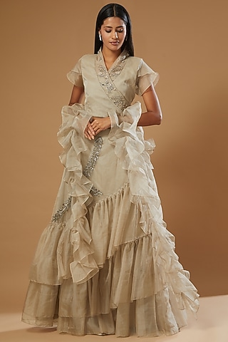 Grey Embroidered Lehenga Set by Label Muskan Agarwal