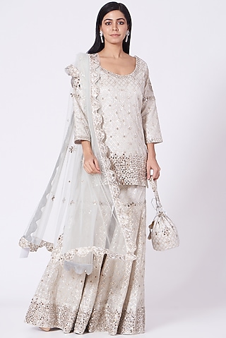 Ivory Mirror Embellished Sharara Set by Label Mayaa