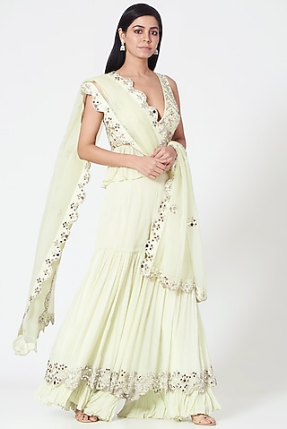 Pastel Lemon Mirror Embellished Sharara Set by Label Mayaa