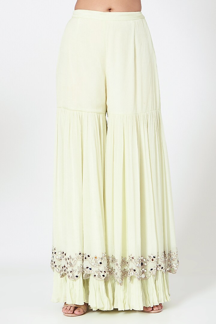 Pastel Lemon Mirror Embellished Wedding Sharara Set by Label Mayaa at Pernia's Pop Up Shop