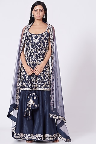 Navy Blue Mirror Embroidered Sharara Set by Label Mayaa