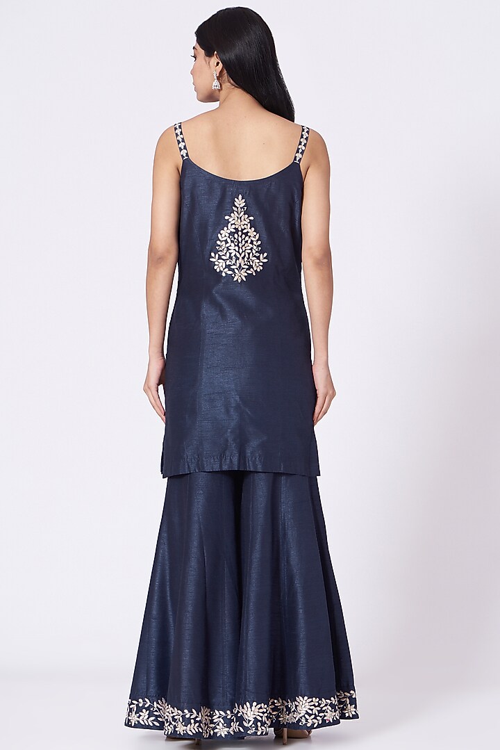 Navy Blue Mirror Embroidered Wedding Sharara Set by Label Mayaa at Pernia's Pop Up Shop