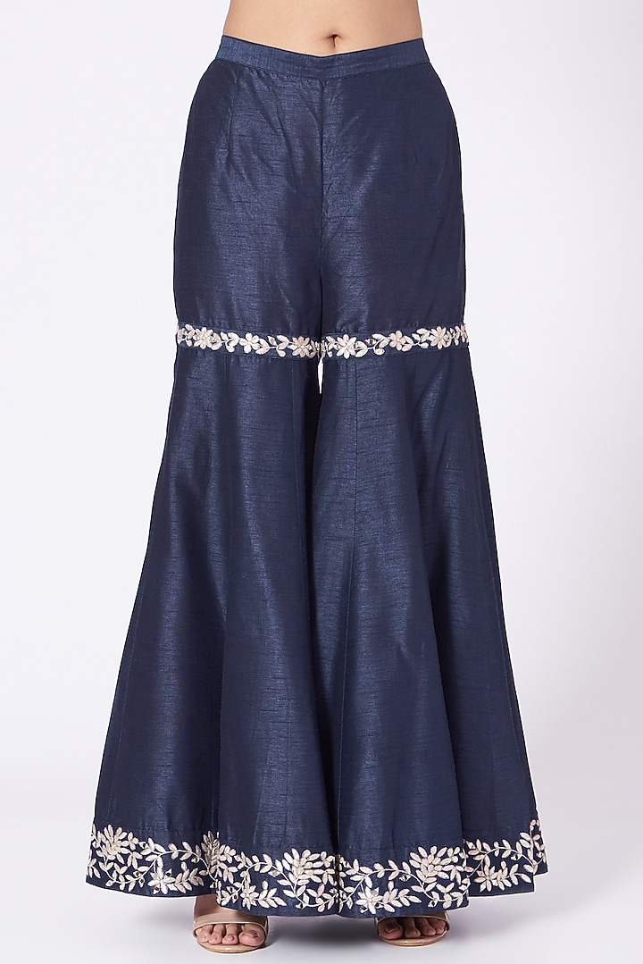 Navy Blue Mirror Embroidered Wedding Sharara Set by Label Mayaa at Pernia's Pop Up Shop