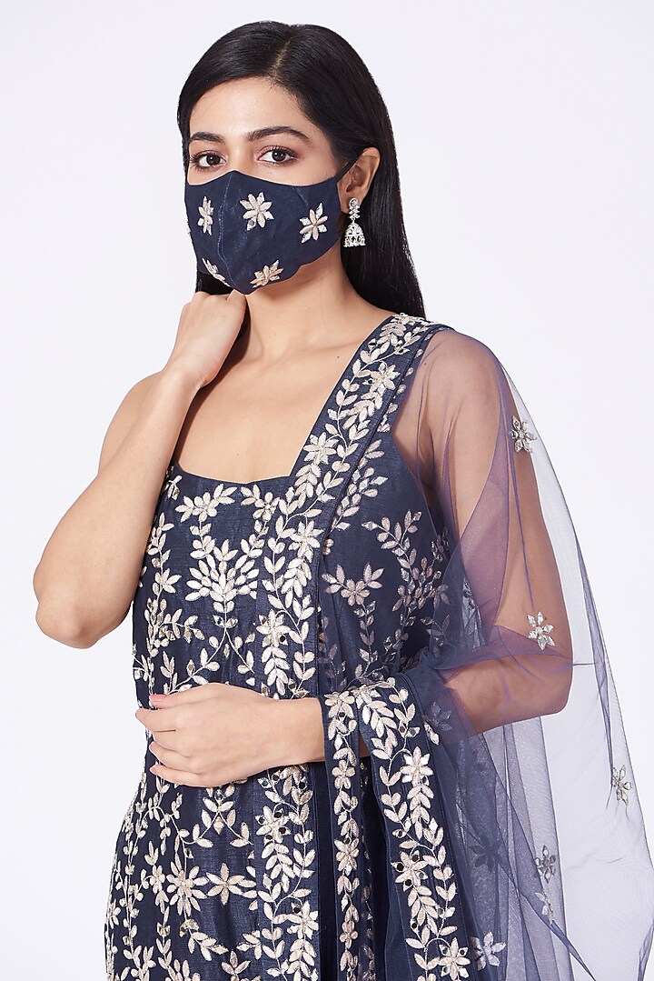 Navy Blue Mirror Embroidered Wedding Sharara Set by Label Mayaa at Pernia's Pop Up Shop