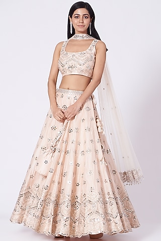 Pastel Rose Pink Mirror Embroidered Lehenga Set by Label Mayaa