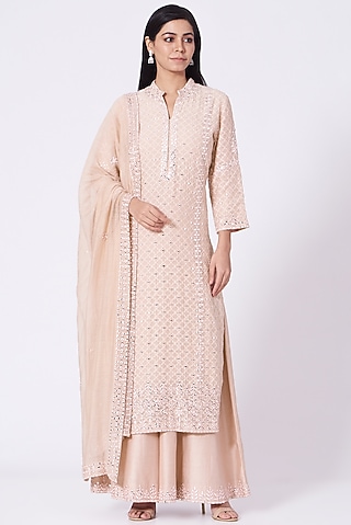 Rose Pink Mirror Embroidered Kurta Set by Label Mayaa