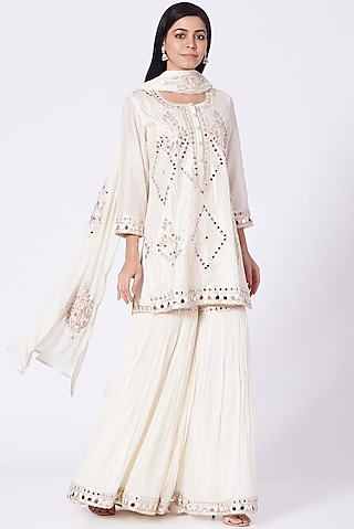 Ivory Mirror Embroidered Sharara Set by Label Mayaa
