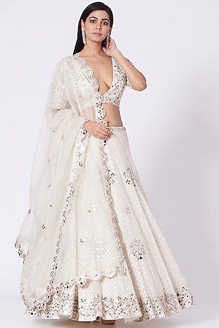 Ivory Mirror Embroidered Lehenga Set by Label Mayaa
