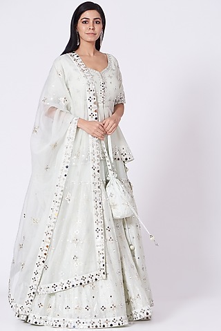 Pista Green Mirror Embroidered Lehenga Set by Label Mayaa
