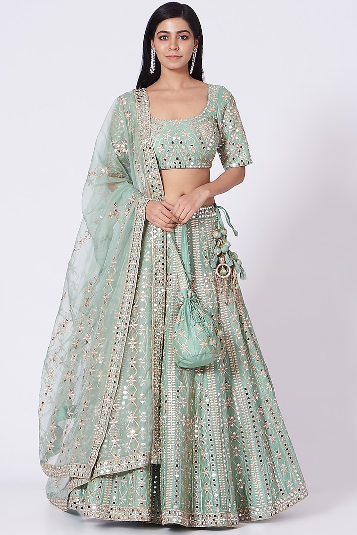 Leaf Green Mirror Embroidered Lehenga Set Design by Label Mayaa at ...