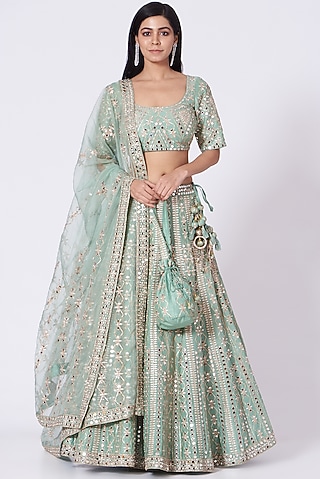 Leaf Green Mirror Embroidered Lehenga Set by Label Mayaa