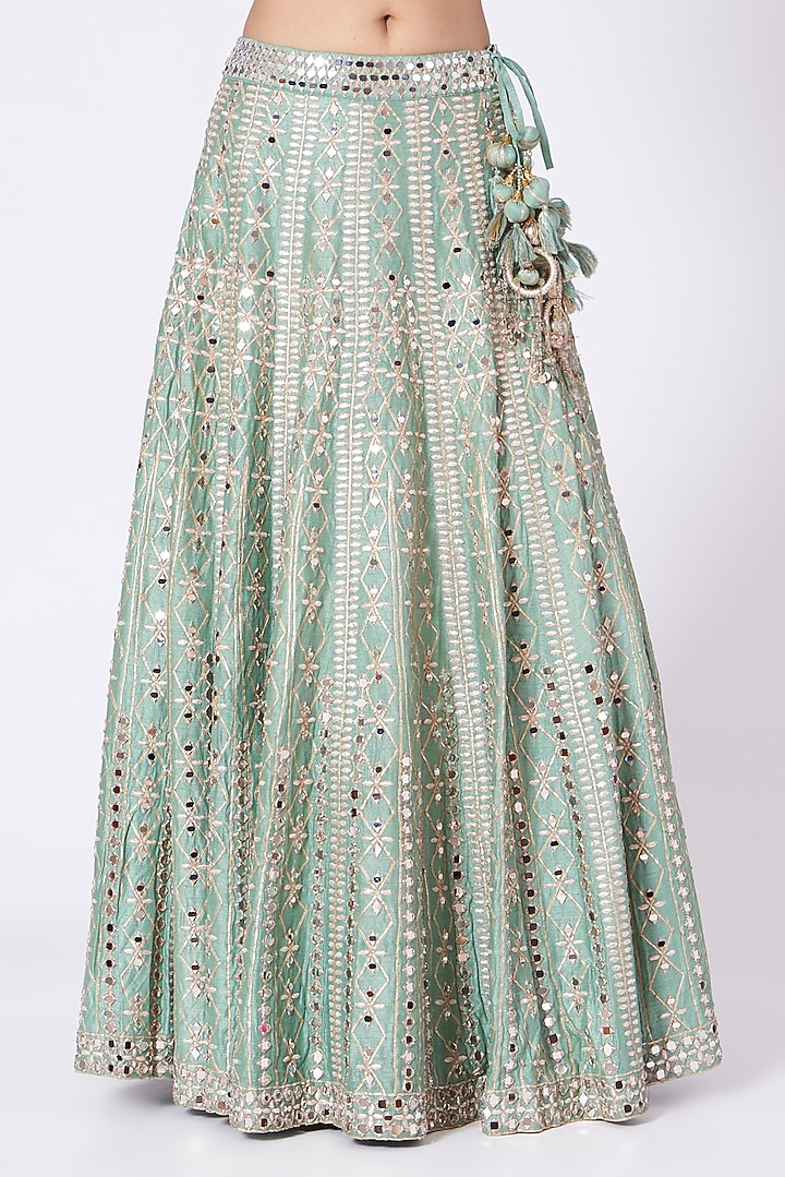 Leaf Green Mirror Embroidered Wedding Lehenga Set by Label Mayaa at Pernia's Pop Up Shop