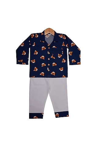 Navy Blue Cotton Printed Night Wear For Boys by Little Clothings