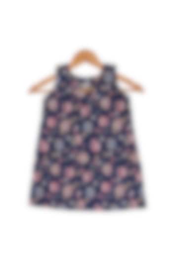 Navy Blue Floral Printed Night Wear For Girls by Li'l Me