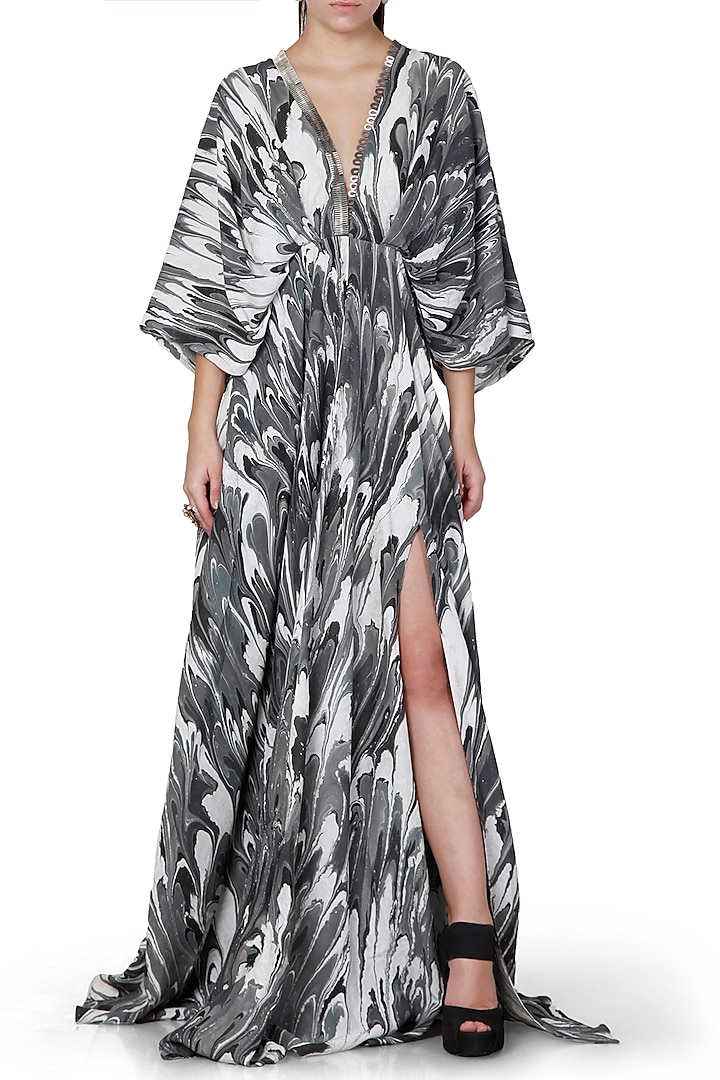 Black & Grey Embroidered Printed Kaftan Maxi Dress by Limerick By Abirr N' Nanki