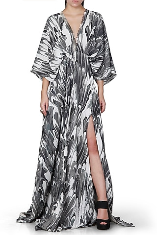 Black & Grey Embroidered Printed Kaftan Maxi Dress by Limerick By Abirr N' Nanki