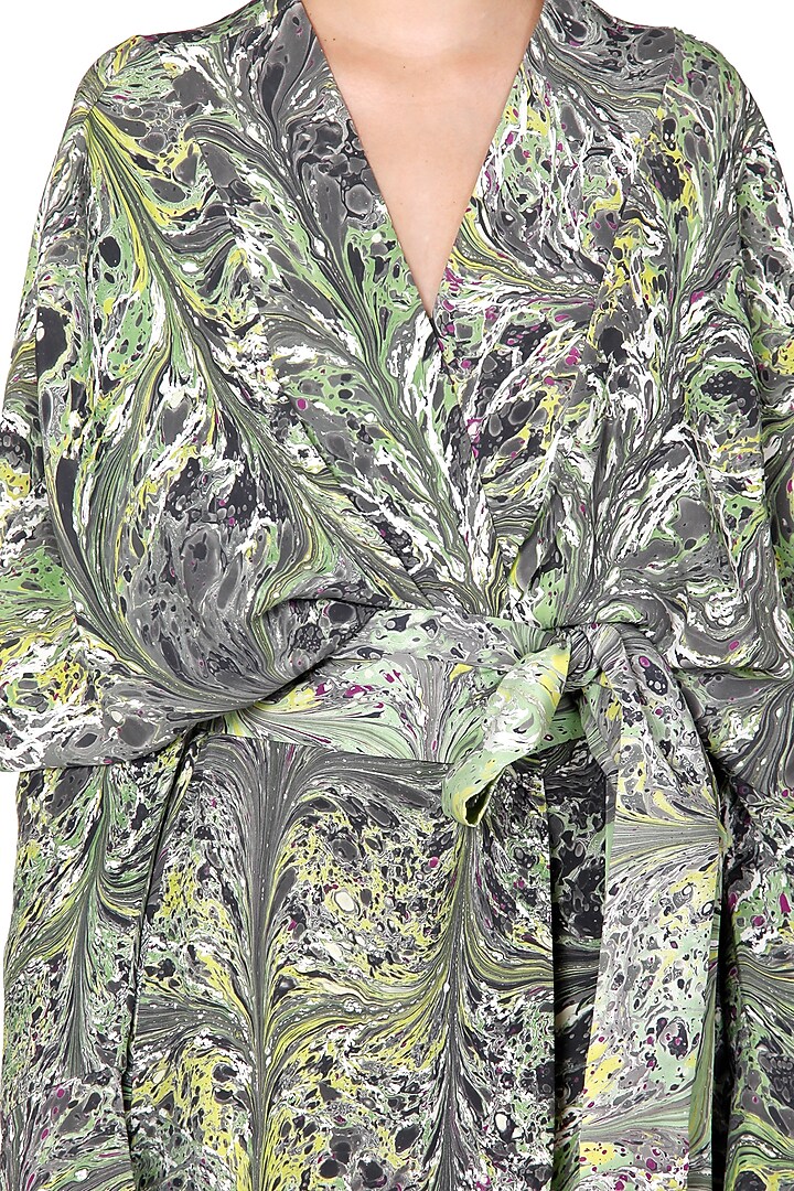 Green & Grey Printed Jacket Vacation Dress With Belt by Limerick By Abirr N' Nanki at Pernia's Pop Up Shop