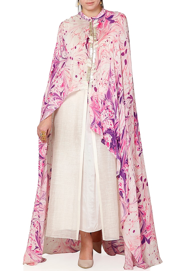 Purple & Ivory Printed Embroidered Draped Tunic by Limerick By Abirr N' Nanki at Pernia's Pop Up Shop