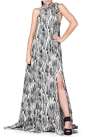 Black & Grey Printed Dress With Tie-Up Collar by Limerick By Abirr N' Nanki