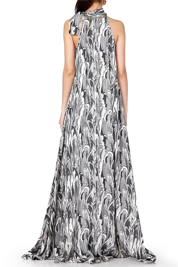 Black & Grey Printed Vacation Dress With Tie-Up Collar by Limerick By Abirr N' Nanki at Pernia's Pop Up Shop