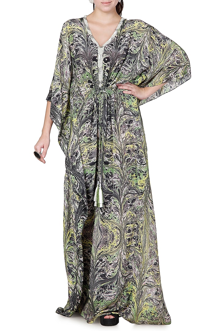 Green & Grey Printed Kaftan Dress With Embroidery by Limerick By Abirr N' Nanki