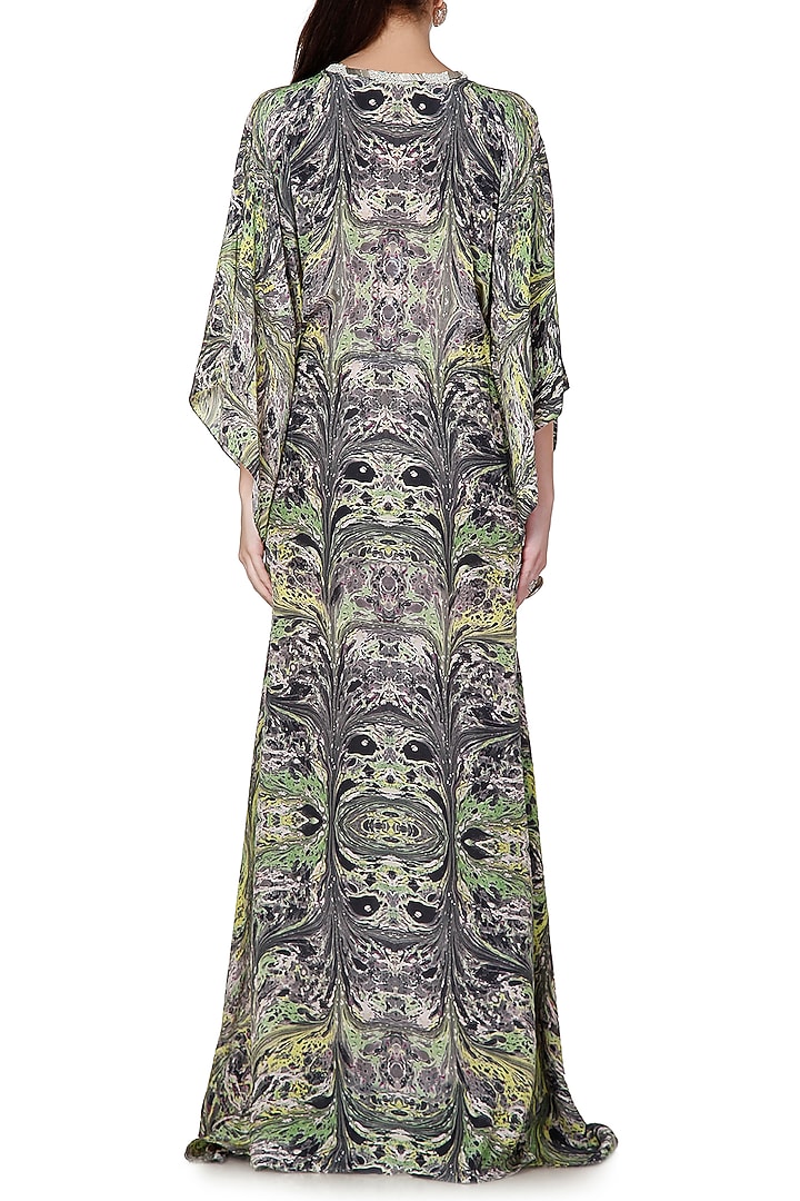 Green & Grey Printed Kaftan Summer Dress With Embroidery by Limerick By Abirr N' Nanki at Pernia's Pop Up Shop