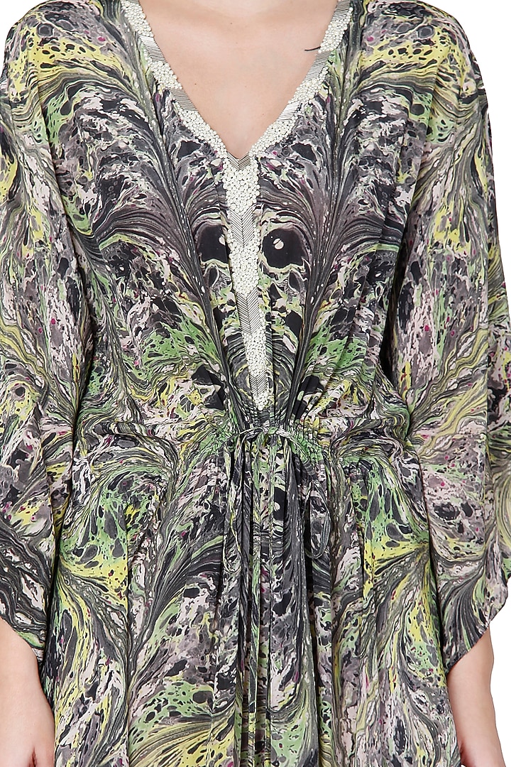 Green & Grey Printed Kaftan Summer Dress With Embroidery by Limerick By Abirr N' Nanki at Pernia's Pop Up Shop