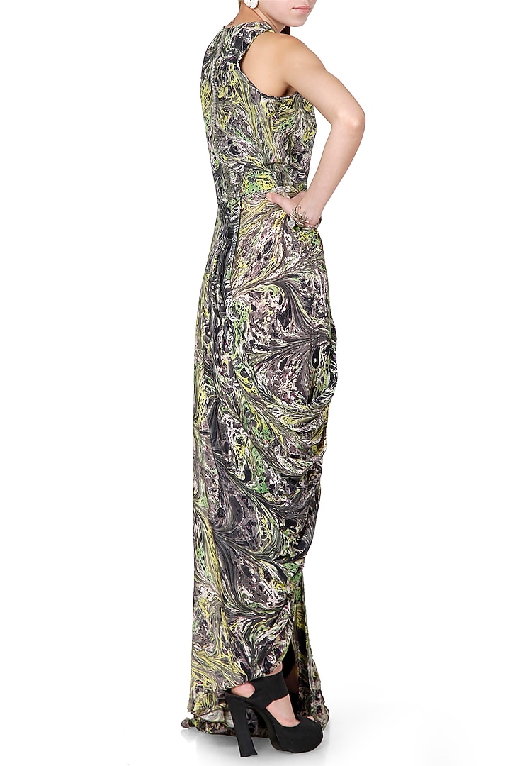 Green & Grey Embroidered Draped Vacation Dress With Print by Limerick By Abirr N' Nanki at Pernia's Pop Up Shop