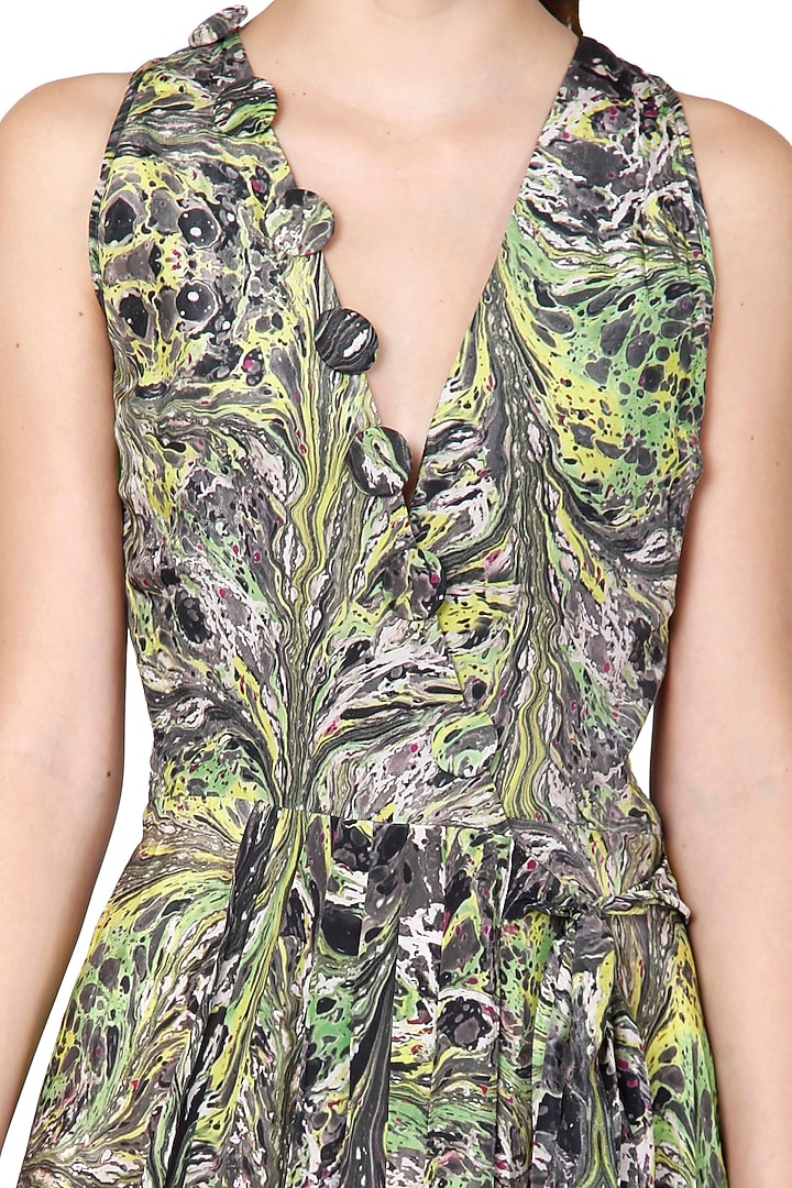 Green & Grey Embroidered Draped Vacation Dress With Print by Limerick By Abirr N' Nanki at Pernia's Pop Up Shop
